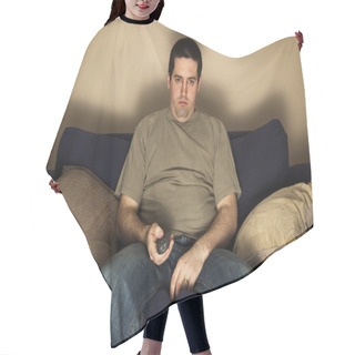 Personality  Bored, Overweight Man Sits On The Sofa Hair Cutting Cape