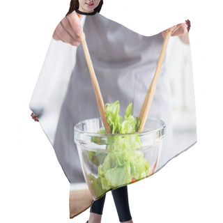 Personality  Close-up Partial View Of Man In Apron Cooking Vegetable Salad  Hair Cutting Cape