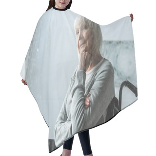 Personality  Selective Focus Of Pensive Disabled Senior Woman With Grey Hair Hair Cutting Cape