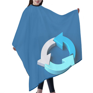 Personality  Three Arrows Update Symbol, 3d Rotate Circle Symbol, 3d Refresh Icon On Blue Background. 3d Rendering Hair Cutting Cape