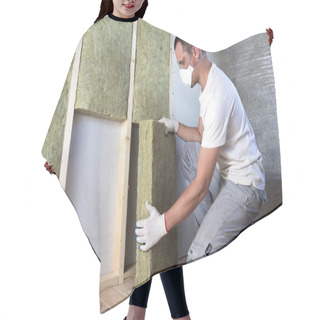 Personality  Worker In Protective Goggles And Respirator Insulating Rock Wool Insulation In Wooden Frame For Future House Walls For Cold Barrier. Comfortable Warm Home, Economy, Construction And Renovation Concept Hair Cutting Cape