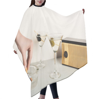 Personality  Cropped View Of Woman Putting Cigarette To Ashtray Beside Cocktails And Vintage Radio On White Background Hair Cutting Cape