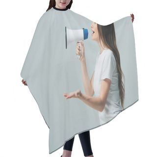 Personality  Side View Of Young Pretty Woman With Loudspeaker Isolated On Grey Hair Cutting Cape