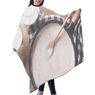 Personality  Bechamel Sauce In A Pan And Milk On The Table Top View Hair Cutting Cape