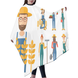 Personality  Set Of Agricultural Illustrations With Farmers. Hair Cutting Cape