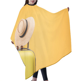 Personality  Travel Bag, Straw Hat And Sunglasses Isolated On Yellow Hair Cutting Cape