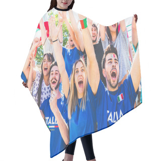 Personality  Italian Supporters Celebrating At Stadium With Flags. Group Of Fans Watching A Match And Cheering Team Italy. Sport And Lifestyle Concepts. Hair Cutting Cape