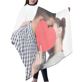 Personality  Couple Kissing And Covering Faces With Paper Heart Isolated On White, Valentines Day Concept Hair Cutting Cape