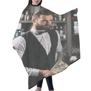 Personality  Happy Handsome Bartender Holding Tips At Bar Hair Cutting Cape