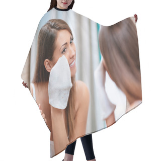 Personality  Smiling Young Woman Removing Make Up In Front Of Mirror In Bathroom Hair Cutting Cape