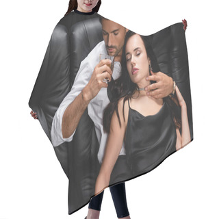 Personality  Man Drinking Whiskey And Hugging Neck Of Seductive Woman In Satin Dress On Leather Couch Isolated On Black Hair Cutting Cape