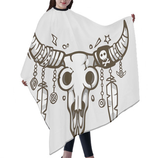 Personality  Boho Chic. Ethnic Tattoo Style. Native American Or Mexican Bull Skull With Feathers On Horns. Hair Cutting Cape