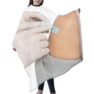 Personality  Cropped View Of Doctor In Latex Gloves Applying Adhesive Patch On Arm Of Senior Woman Isolated On White  Hair Cutting Cape