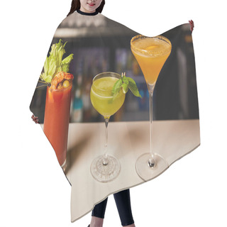 Personality  Mixed And Fresh Cocktails In Glasses On Bar Counter  Hair Cutting Cape