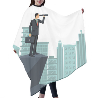 Personality  Looking On Telescope Standing On Background Big City Hair Cutting Cape
