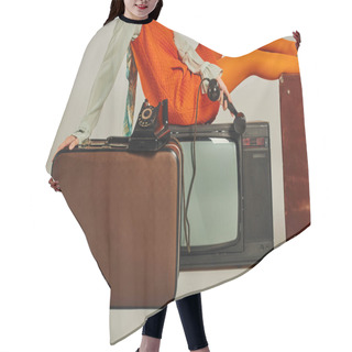 Personality  Cropped View Of Woman In Orange Dress Sitting On Vintage Suitcase And Tv Set On Grey, Retro Style Hair Cutting Cape