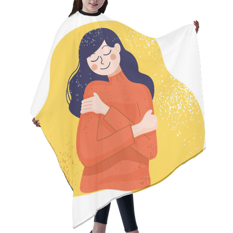 Personality  Love yourself concept, Woman hugging herself, Vector Illustration hair cutting cape