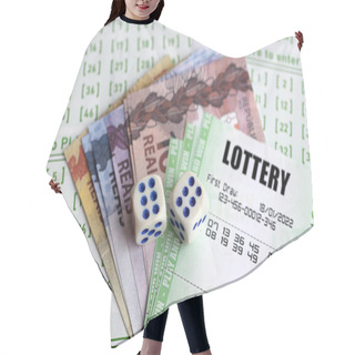 Personality  Green Lottery Tickets And Brazilian Reals Money Bills On Blank With Numbers For Playing Lottery Close Up Hair Cutting Cape