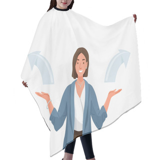 Personality  Choice Vector Background. Happy Young Business Woman Comparing Variants, Choosing Between Something In Both Flat Hands Gesture. Arrows Indicate Direction Selection. Flat Illustration In Cartoon Style Hair Cutting Cape