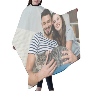 Personality  Happy Young Couple With Cute Tabby Cat Sitting On Couch Hair Cutting Cape