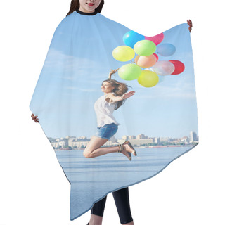 Personality  Happy Young Woman Jumping With Colorful Balloons Hair Cutting Cape