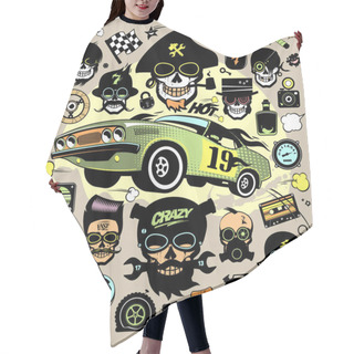 Personality  Set Of Fashion Icons And Symbols With Race Car, Hipster Skulls Hair Cutting Cape