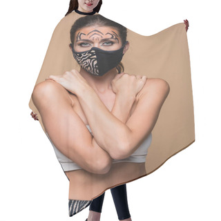 Personality  Woman With Tiger Makeup And Protective Mask Posing Isolated On Beige Hair Cutting Cape