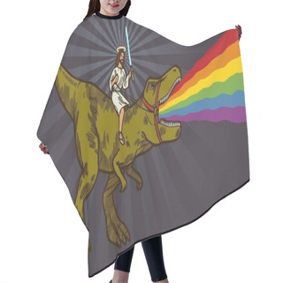 Personality  Jesus Riding T-rex Dinosaur Holding Light Saber. T-rex Is Puking Rainbow And Roaring. Realistic Funny Isolated Vector Character Illustration. Hair Cutting Cape