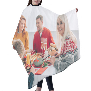 Personality  Selective Focus Of Cheerful Grandmother Sitting Near Family At Festive Table Hair Cutting Cape