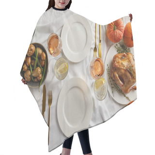 Personality  Top View Of Served Thanksgiving Dinner With Grilled Turkey, Whole Pumpkins And Baked Vegetables On White Tablecloth Hair Cutting Cape