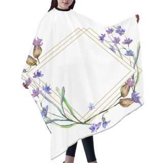 Personality  Purple Lavender Flowers. Watercolor Background Illustration. Rhombus Frame. Gold Crystal Stone Polyhedron Mosaic Shape Amethyst Gem. Hair Cutting Cape