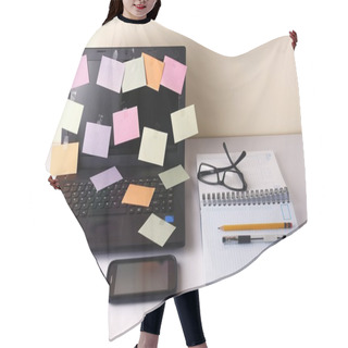 Personality  Laptop Computer With Colorful Papers, Cellphone, Smartphone, Notebook, Pen, Pencil And Eyeglasses Hair Cutting Cape