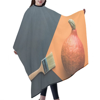 Personality  Top View Of Pumpkin Near Paintbrush On Black And Orange Background Hair Cutting Cape