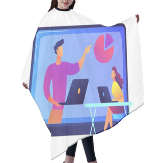 Personality  Female Student Watching Online Conference With Pie Chart On A Big Laptop Vector Illustration. Hair Cutting Cape