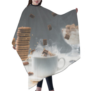 Personality  Close-up Of Brown Sugar Cubes Falling Into Coffee Cup With Splashes Hair Cutting Cape