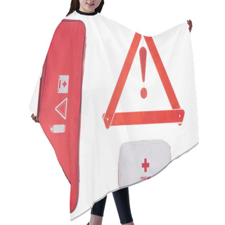 Personality  Flat Lay With Automotive Handbag, First Aid Kit And Warning Triangle Isolated On White Hair Cutting Cape