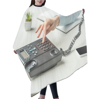 Personality  Cropped View Of Businesswoman Dialing Number On Landline Telephone On Table With Notebook And Plant  Hair Cutting Cape