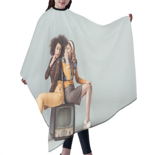 Personality  Multicultural Retro Styled Girls Gossiping And Sitting On Vintage Television Hair Cutting Cape