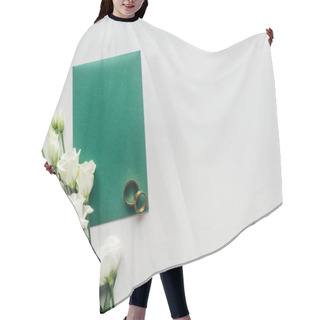 Personality  Top View Of Empty Green Envelope, Eustoma And Golden Wedding Rings On Grey Background Hair Cutting Cape