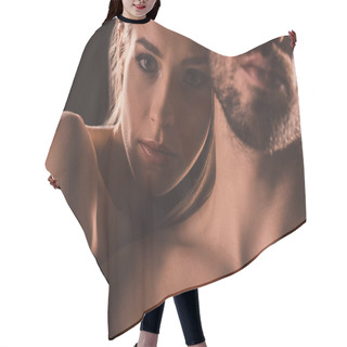 Personality  Sensual Lovers Embracing And Looking At Camera, On Brown Hair Cutting Cape