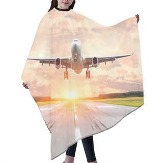 Personality  Passenger Airplane Landing At Sunset On A Runway. Hair Cutting Cape