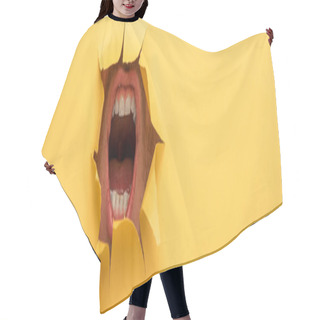 Personality  Cropped View Of Open Mouth In Yellow Paper Hole  Hair Cutting Cape