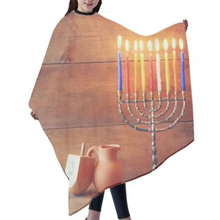 Personality  Low Key Image Of Jewish Holiday Hanukkah With Menorah (traditional Candelabra) And Wooden Dreidels (spinning Top) . Hair Cutting Cape