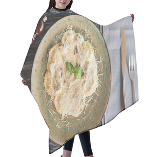 Personality  Gourmet Ravioli With Spinach And Ricotta Cheese, Spices And Fork With Knife On Table Hair Cutting Cape