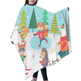 Personality  Poster Winter Fun With Animals In Forest  - Vector Illustration, Eps Hair Cutting Cape