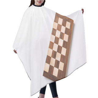 Personality  Top View Of Wooden Checkerboard On White Background With Copy Space Hair Cutting Cape
