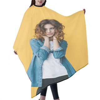 Personality  Cheerful Curly Redhead Young Woman Smiling On Orange  Hair Cutting Cape