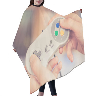 Personality  Hands Are Holding A Retro Video Game Controller And Playing, Blu Hair Cutting Cape