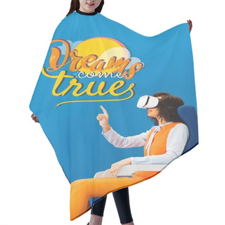 Personality  Side View Of African American With Vr Headset Pointing With Finger At Dreams Come True Illustration On Blue Background Hair Cutting Cape