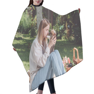 Personality  Tender Blonde Girl Sitting On White Blanket In Garden With Cute Welsh Corgi Puppy Hair Cutting Cape